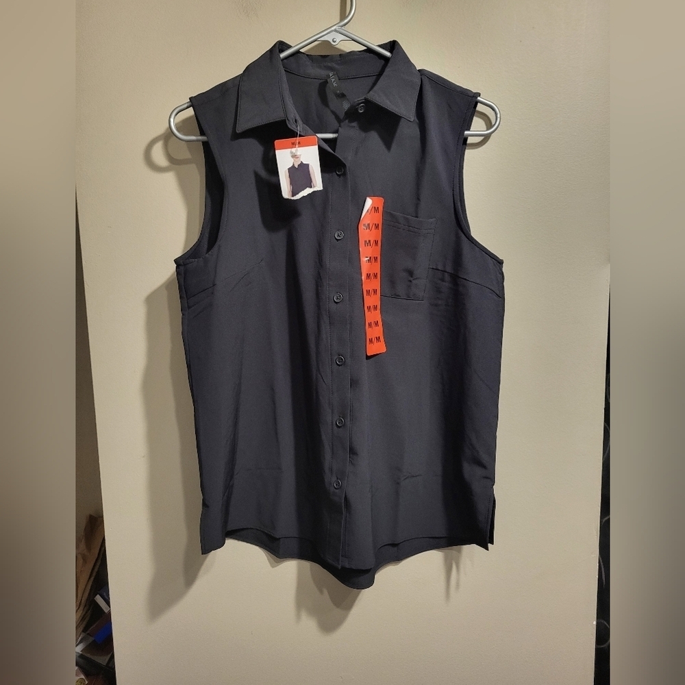 NEW-GAIAM Women's Black Sleeveless Polo Shirt, Size Medium